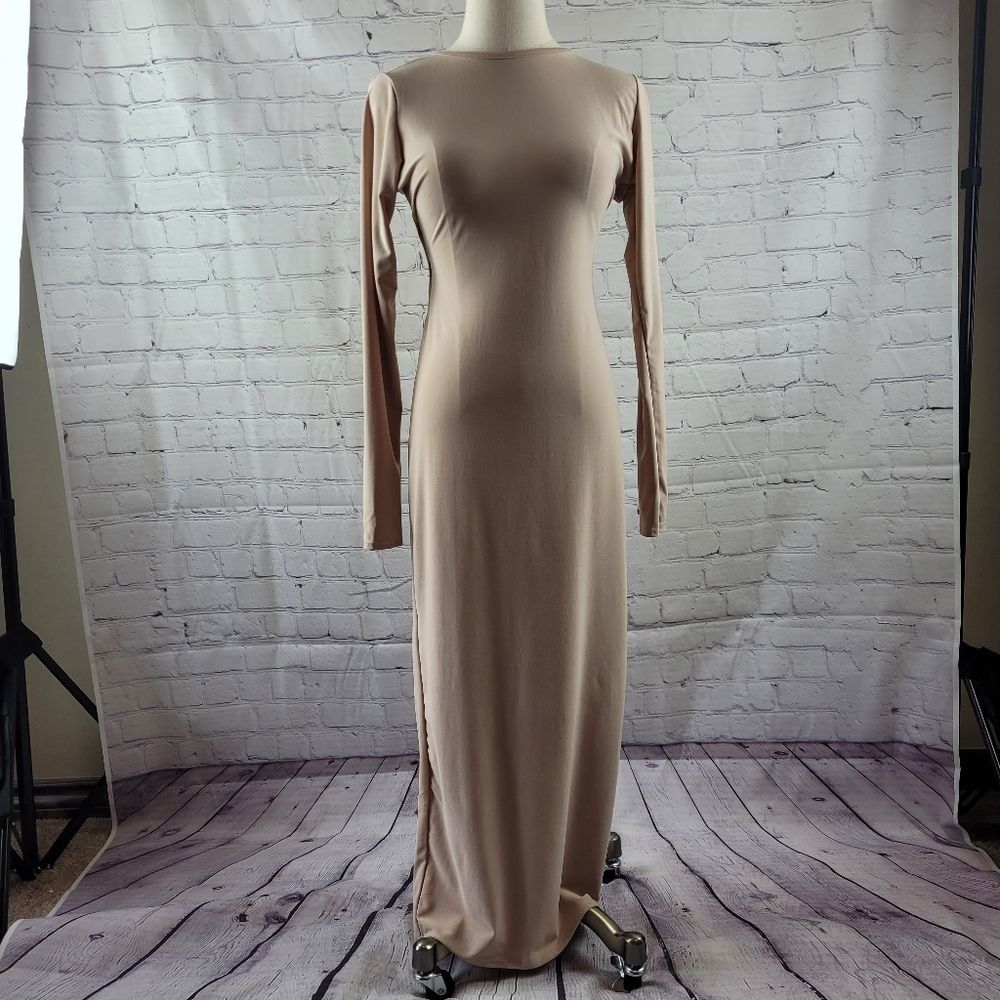 Pretty Little Thing Long Sleeve Backless with Spaghetti Strap Ties Taupe Sz 10
